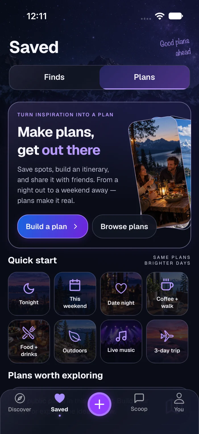 MeanScoop iOS Saved Plans screen with local ideas and the native tab bar